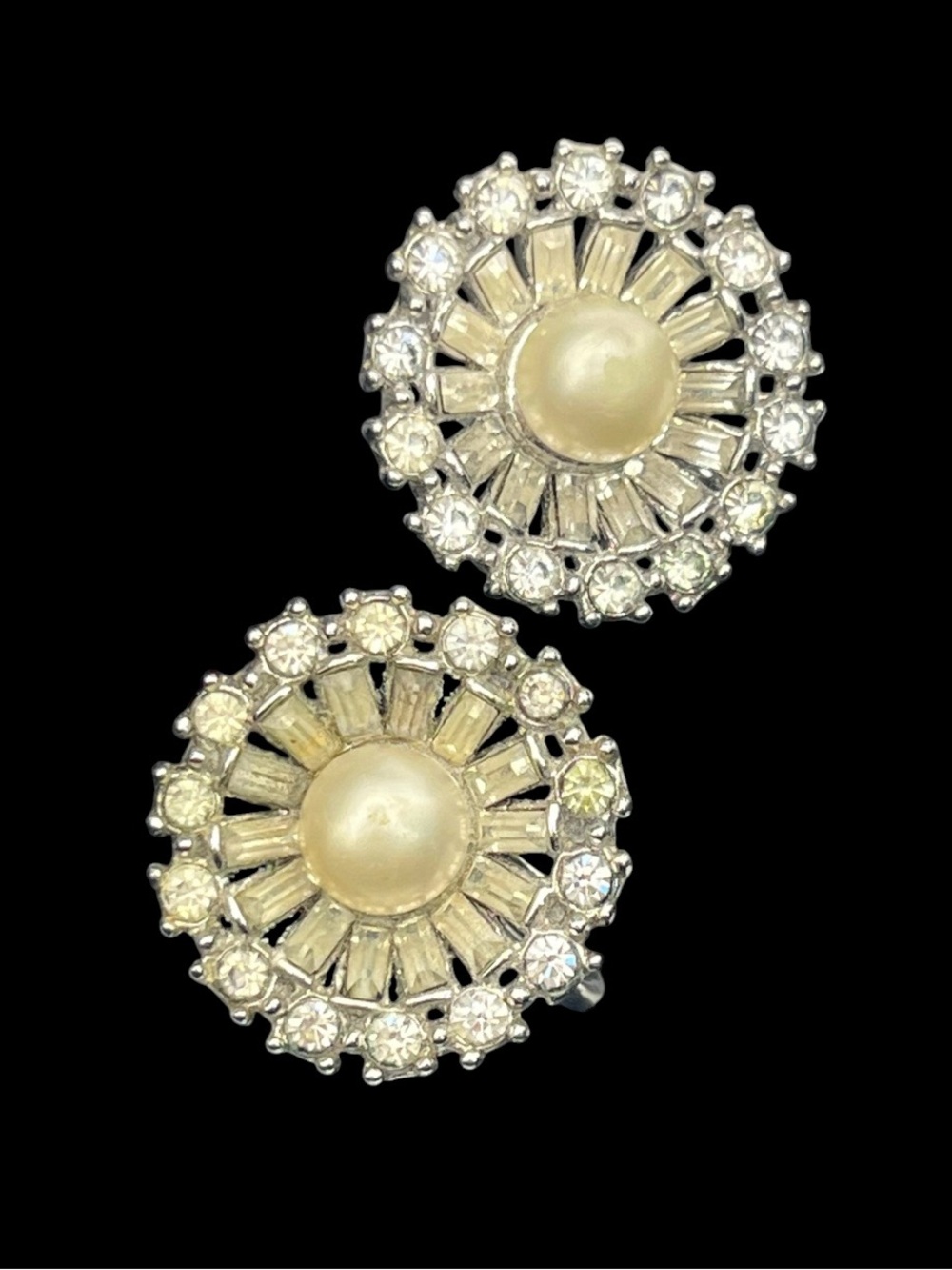 Crown Trifari baguette clear rhinestone faux pearl silver tone clip on earrings